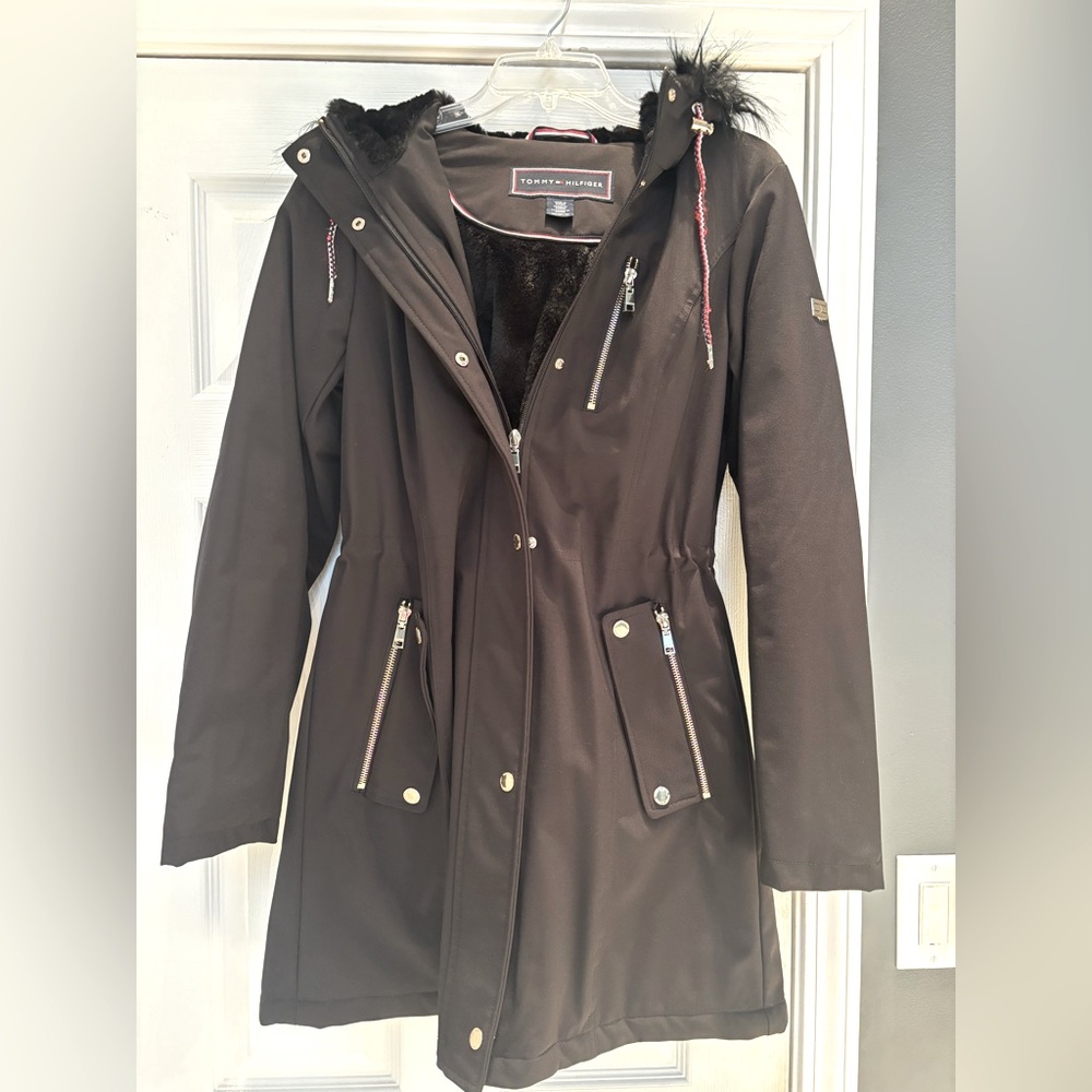 TOMMY HILFIGER Black Long Zip Adjustable Fur Parka Coat Jacket New no tags